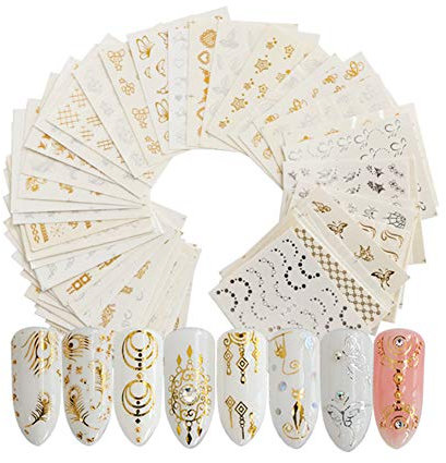 Cyalean Nail Art Stickers 30 Sheets Art Nail Stickers Self Adhesive Gold Silver Water Transfers with Nail Art Stud Nail Metal Sequins DIY Assorted Hollow Moon Star Glitter Alloy
