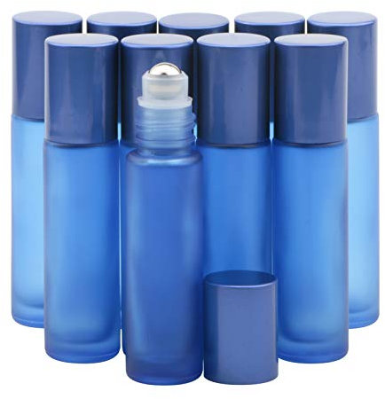 Rowiz 10PCS 10ml Essential Oil Roller Bottles - Small, Frosted Blue Glass Bottles - Leakproof, With Stainless Steel Balls and Screwcap for Perfume, Travel