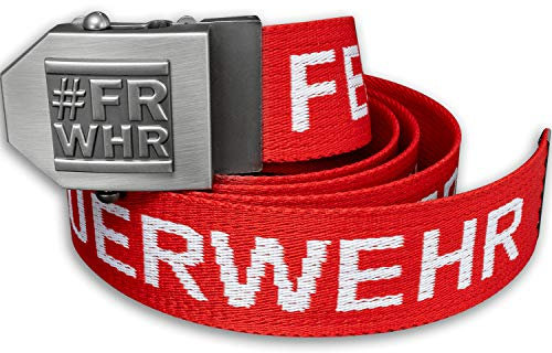 Feuerwehr-Gürtel | #FRWHR Emblem Flaschenöffner in Gürtel-Schnalle | Feuerwehr rot weiß | universal verstellbar 150cm | Männer Herren Frauen Damen Kinder | Einsatz Koppel | Geschenk Freizeit
