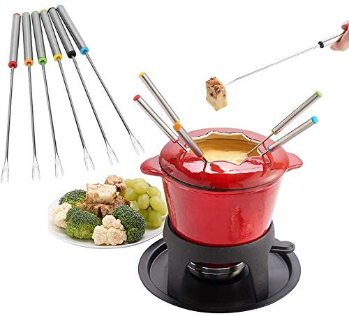 NC Edelstahl Grillgabel Fondue Gabel - 6 Stück Fonduegabeln mit Griff, Fondue Besteck aus Edelstahl, Fonduespieße 24 cm Länge-Farbe zufällig
