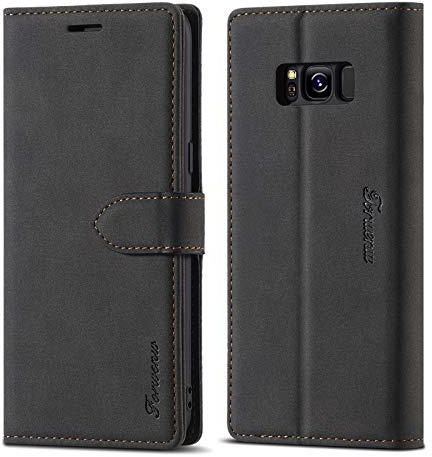 LOLFZ Hülle für Samsung Galaxy S8 Plus, Premium PU Leder Handyhülle mit Kartenfach Ständer Magnetische Schutzhülle Kompatibel mit Galaxy S8 Plus - Schwarz