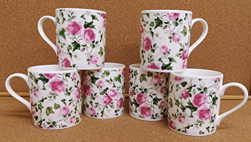 Ivy Rose Pink Mugs Set of 6 Balmoral Pink Roses Chintz Fine Bone China 9.5oz 275ml Cups Hand Decorated UK