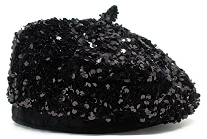 Bling Baskenmütze für Frauen, Farbe Paris Künstlerkappe, modisch, glänzend, französischer Stil - Schwarz - Large
