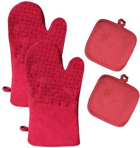 FDDE 2 Pièces Gants Cuisine, Gant Anti Chaleur, Coton Noir Antidérapant Gant, Gants de Four Maniques Cuisine, Gant pour Four Anti Chaleur, Gants de Four, pour Grill, Four, Cuisson (Rouge)