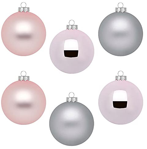 IngeGlas 6 große Christbaumkugeln aus Glas - Durchmesser Ø 10,0 cm - Weihnachtskugeln für Tannenbaum - inkl. 100 Aufhänger (Soft Simplicity - Rosa/Grau matt & glänzend)