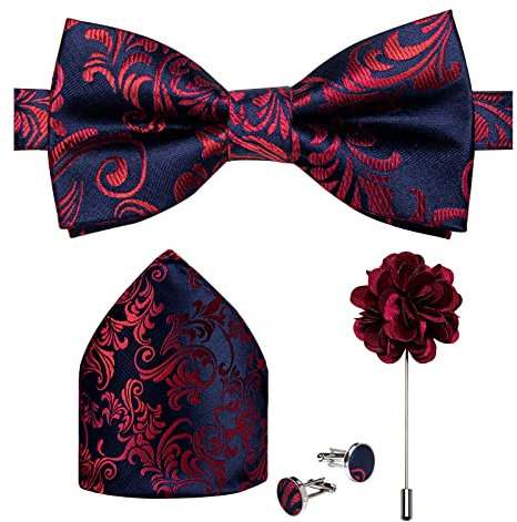 DiBanGu Vorgebundene Fliege für Herren, Seide, verstellbar, Smoking-Fliegen, Einstecktuch, Manschettenknöpfe, Set mit Anstecknadel, Jacquard gewebt, Blau/Rot Blumenmuster, Einheitsgröße