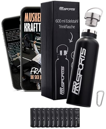 RR Sports - Edelstahl Trinkflasche 10er Set auslaufsicher 600ml hält warm kalt für Sport, Fitness & Fussball - Tee & Wasser Thermo-Flasche als Geschenk - Water-Bottle isoliert, doppelwandig für Schule