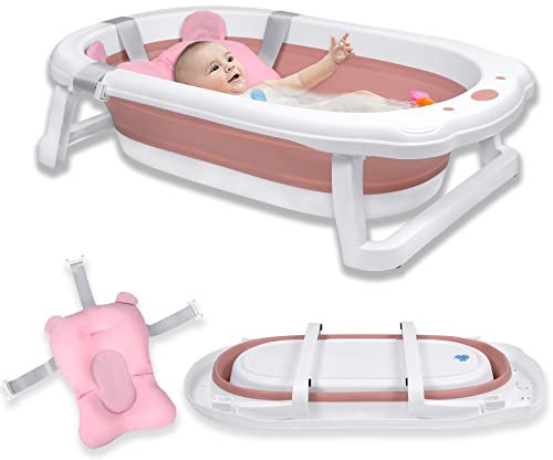 Froadp 82x50x20cm Vasca da Bagno Pieghevole per Bambini, Vaschette Bagnetto Neonato Antiscivolo con Suporto, Bacino Doccia di Sicurezza Portatile per Neonati e Bambino 0-8 anni (Rosa con Cuscino)