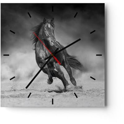 Modern Wanduhr Pferd Galopp dynamisch 40x40cm Quadrat Groß Wand Uhr Glas Analog Zimmeruhren Küche Büro Wohnzimmer Glasuhr Wall Clock Dekoration Design Wanddekoration Küchenuhr C3AC40x40-5023