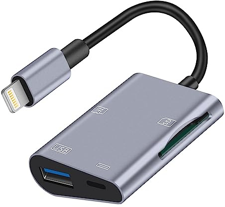 Apple Adaptateur Lightning vers carte SD et TF USB avec port de charge pour iPhone/iPad, lecteur de cartes 4 en 1 pour clé USB, clavier, souris, hubs, MIDI, carte mémoire Micro SD TF, Plug & Play