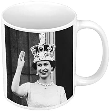 Fabulous Ceramic Mug 325ml Young Queen Elizabeth II Greets Queen Queen of England Black and White Vintage