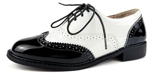 PIVAPAM Womens Oxfords Black and White Wingtip Chunky Heeled Patent Leather Vintage Brogue Lace Up Two Tone Saddle Shoes