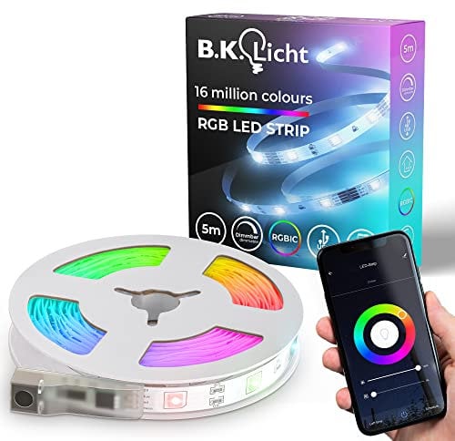 B.K.Licht I Wifi RGBIC LED Strip 5 m USB I App Steuerung I Musiksensor I Lichtleiste I Lauflicht I RGBIC Streifen I kompatibel mit Alexa I Smartes Band I selbstklebend