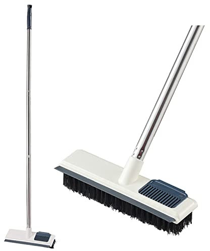 Floor Scrubbing Brush with Long Handle,Squeegee and Comb,Hard Bristle Sweeping Broom for Tiles,Cleaning Pet Hairs, Sofa, Window, Carpet, Bathroom and Hard-to-Reach Corners (White)