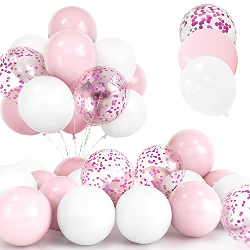 30Pcs Rosa Luftballon Set, 12 Zoll Rosa Konfetti Ballons Rosa und Weiße Helium Latex Luftballons mit Band für Geburtstag Hochzeit Kinder Baby Shower Party Dekorationen