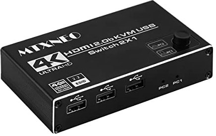 HDMI 2.0 KVM Switch Metall 2 in 1 Out mit 3 USB2.0 Ports - Unterstützung HDCP 2.2 und 4K60Hz Ultra HD