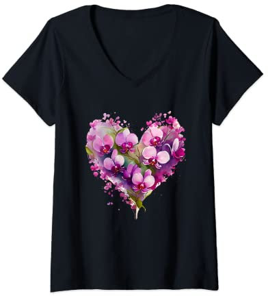 Damen Orchidee Blume Herz Orchidee Züchter Orchidee Liebhaber Orchideen T-Shirt mit V-Ausschnitt