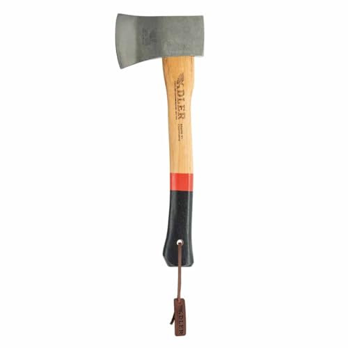 Adler Yankeebeil inkl. Lederschutz: Geschmiedetes Holzbeil aus C60-Stahl, Allrounder-Holzaxt mit 38 cm Hickory-Stiel, Anti-Rutsch Outdoor-Beil, Survival Axt für Camping & Wandern, Rot/schwarz, 650 g