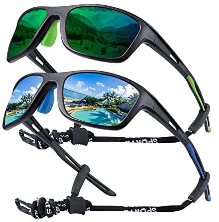 OKH 2 stück Polarisierte Fahrrad Radsportbrillen Wickeln Sie Männer Frauen Retro Sonnenbrillen UV400 Schutz Sportbettlauf laufen Fischerei Wanderung Fahren Brillen mit Seilgurt