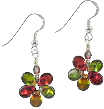 Small Funky Flower Earrings (Red/Green, sterling-silver)