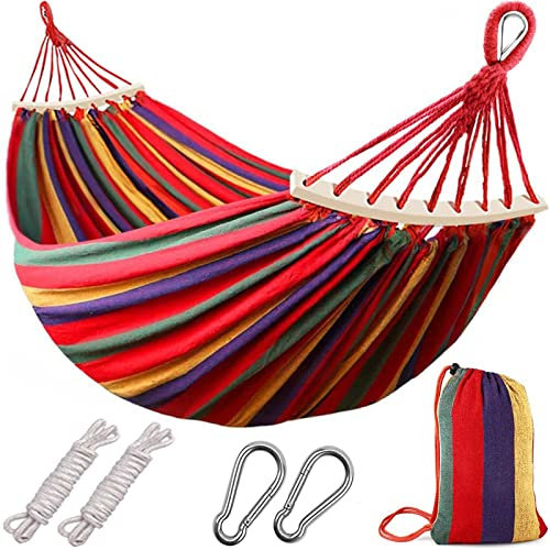 HUHJYUGE Hamac Exterieur, Hamac Double Camping, Hamac Suspendu Arbre Respirant Confortable avec Barre en Bois Anti-basculement et Corde, Parfait pour Le Jardin, Balcon, Patio (A 260x150cm)