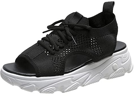 DRIMEE Femmes Baskets Fond Plat Maille Respirant léger Confortable Running Multicolore Tissage Volant, Chaussures de Sport décontractées Femme Lacets Chaussures Sport Running,Noir,US7/EU38