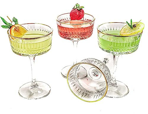 GOSOYO Verres Coupés à Bords Dorés Vintage Lot de 4, 260 ml/8,8 oz. Champagne, Cocktail, Martini, Verres à Vin, Verre à Gin et Prosecco, Verrerie à Longue Tige