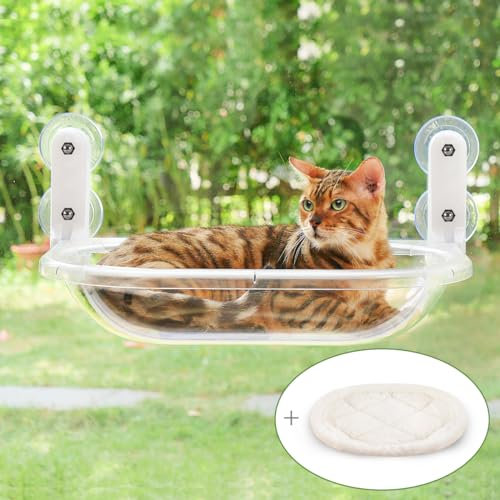 Zoratoo Perchoir de fenêtre transparent pour chat, durable à fixer sur une fenêtre, hamac pour grands chats, facile à nettoyer, corps de lit en matériau ABS avec tapis en peluche (lit transparent pour