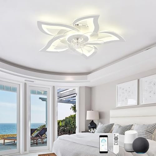 KeLuKes Smart Ceiling Fans with Lights, 65cm Ceiling Fans with Lamps Work with Alexa and Google Assistant, Silent Timer Dimmable Reversible Light with Fan for Bedroom, White
