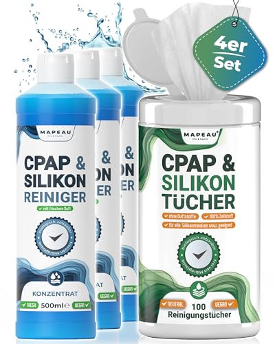 3x 500ml CPAP Reiniger I 100x Reinigungstücher Silikonreiniger I Mapeau CPAP Maskenreiniger Schlauchreiniger, Silikon, Gummi, Kunststoff, hochergiebig (4er Set)