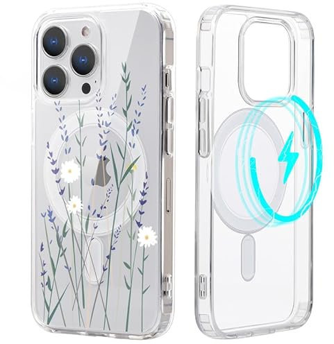 Yoedge Magnetische Handyhülle für iPhone 14 Pro 6,1 Hülle,Kompatibel mit MagSafe,Durchsichtig Aesthetic Muster Blume Case, Transparent Ultra Dünn Silikon Weich TPU Bumper Stoßfeste Schutzhülle Cover
