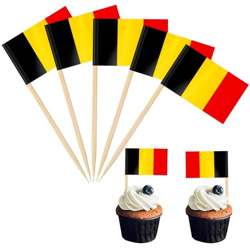 POPOYU 100 Stück Belgien Fahne Zahnstocher,Flaggenpicker Belgien,BelgienFlagge Klein für BelgienParty Deko,Aufkleber Flagge,Flaggen Zahnstocher Welt für Eurovision Contest,Olympische Cupcake Topper