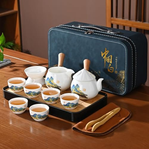 REOWONU Juego de té chino, juego de té chino de gongfu con 6 tazas, el juego de té Kung Fu con mango lateral está decorado con el patrón de Mil millas de ríos y montañas (QLJS Sidehandle6)