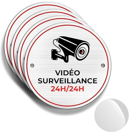FloraVigo Panneau de caméra, 4 panneaux pour propriété privée, Ø 85 mm, panneau d'alarme de sécurité, intérieur/extérieur, panneau en aluminium, panneau d'alarme, avec autocollants(VIDÉO SURVEILLANCE)
