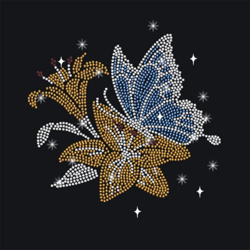 NBEADS Schmetterling Lilie Strass Aufbügeln Hotfix, 29.7x21cm Wärmeübertragung Abziehbild Bling Kristall Abziehbilder BLUMENNn Wärmeübertragung Patch Reparatur Applique für T-Shirt Kleidung