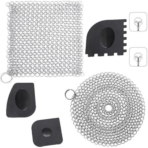 2 Gusseisenreiniger Aus Edelstahl, Ringreiniger Edelstahl mit Robustem Kunststoff Grillschaber und Selbstklebende Haken für Reinigen von Dutch Oven Zubehör anderen Utensilien