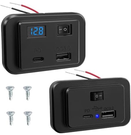 Hoembpn 40W Dual USB C Car Charger Socket Panel with Switch and LED Voltmeter PD2.0+QC3.0,DC12V-26V USB Power Outlet Outdoor Quick Charge Adapter for Campervan Boat Truck Marine Accessories