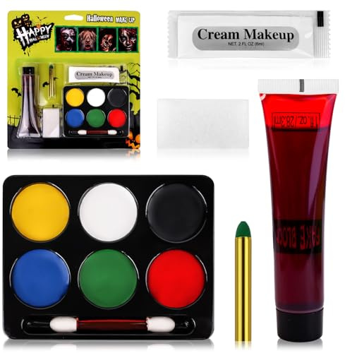 Face Body Paint Set, Halloween Makeup, 6 Colors Face Body Paint + Washable Fake Blood + White Cream Makeup, Face Paint SFX Makeup Kit, Face Painting Kit for Halloween Zombie Skeleton Cosplay Clown