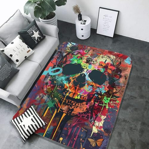 Moderner Skull Graffiti Teppich, Helle Bunte Graffiti-Teppiche Für Kinder, Jugendlich, Wohnkultur,Modern Flanell Kinderteppiche (Teppich1,180x250cm)