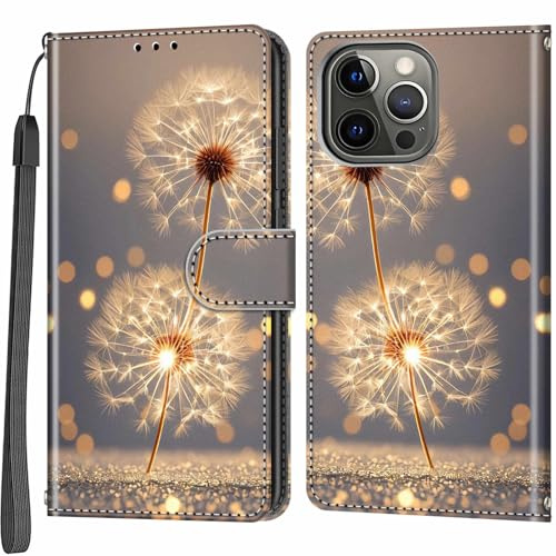 Salanheo Wallet Case for iPhone 13 Pro Max, Golden dandelion | Card Slots, Kickstand, Shockproof, Magnetic Closure, PU Leather, Flip Wallet Book, Lanyard Strap
