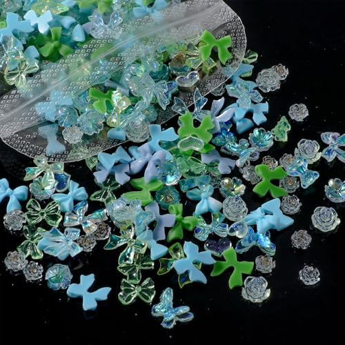 3D Nail Charms, 400 Pcs Multi Shapes Flower Bow Bear Heart Art Charms Rhinestones Gems Resin Decorations Accessories Jewels for Nail Design DIY Crafts (Blue)
