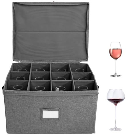 Wine Glass Storage Box with 12 Dividers Foldable China Storage Container with Handle Stemware Protector Case Stackable Drinkware Storage Box for Party Travelling Camping Moving