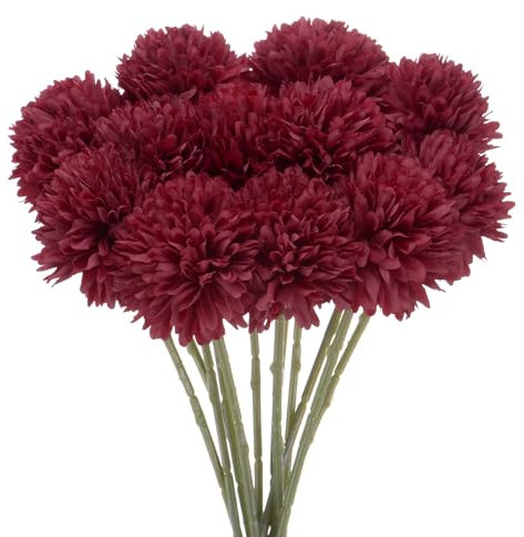 M METERXITY 12er-Pack Künstliche Chrysanthemenball-Blumen, 11 Zoll Faux-Hortensien-Seidensträuße Real Touch Faux-Blumen für Zuhause/Weihnachten [Weinrot]