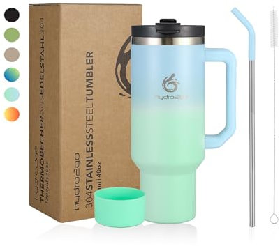 hydro2go Thermobecher mit Strohhalm – Hält bis zu 10 Stunden heiß, bis zu 12 Stunden kalt – Spülmaschinenfest, BPA-frei – Kaffeebecher to Go, Isolierbecher für Heiß- & Kaltgetränke (Lagoon, 1200 ml)