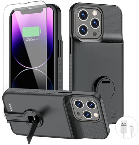 BOPPS Battery Case for iPhone iPhone 13 Pro Max/14 Plus/14 Pro Max,【Invisible Stand】 Powerful 8000mAh Portable Rechargeable Strong Protective Extended Charger Cover for 13 Pro Max Charging Case,Black
