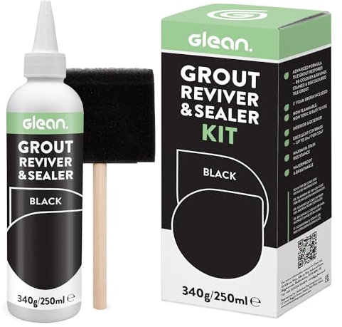 GLEAN Reviver y sellador de lechada | Negro | 340 g | Restaura, repara, renueva la lechada de azulejos | Incluye cepillo de espuma | Resistente a las manchas y transpirable | Lechada de azulejos de