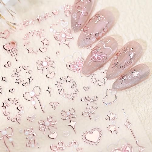 Lilbitty Valentinstag 5D geprägte Nagelkunst-Aufkleber, romantische Nagel-Abziehbilder in Roségold, selbstklebende Nagelaufkleber mit bronzierter Schleife und Herz, Valentinstag, rosa Nageldesign