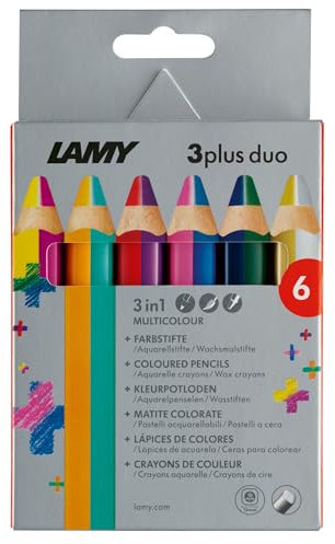 Lamy Farbstift 3plus duo Faltschachtel 6er Set - Farb-, Aquarell- & Wachsmalstift in einem - aus massivem Lindenholz mit ergonomischer Viereckform - Dicke Mine Ø 10 mm