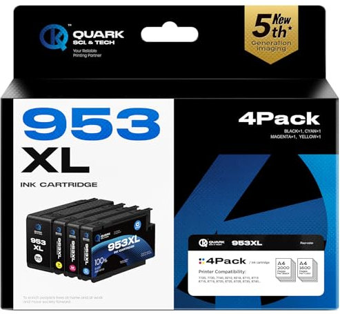 Quark 4er Pack 953XL 953 XL Tintenpatronen Multipack Ersatz für HP 953XL Tintenpatronen für HP Officejet Pro 7720 7730 7740 8210 8216 8218 8710 8720 8725 8730 8740 (Schwarz, Cyan, Magenta, Gelb)