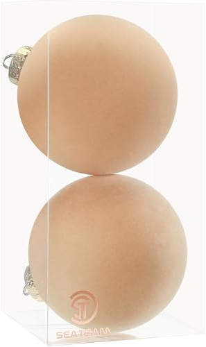 Sea Team 2er-Pack 150mm große Samt Weihnachtskugeln Beige | Große beflockte bruchsichere Kunststoffkugeln für Weihnachtsbaum, Kranz und Girlande